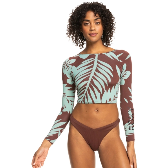 ROXY NEW Crop Top Rashguard Chocolate Palmeria - Picture 2 of 11